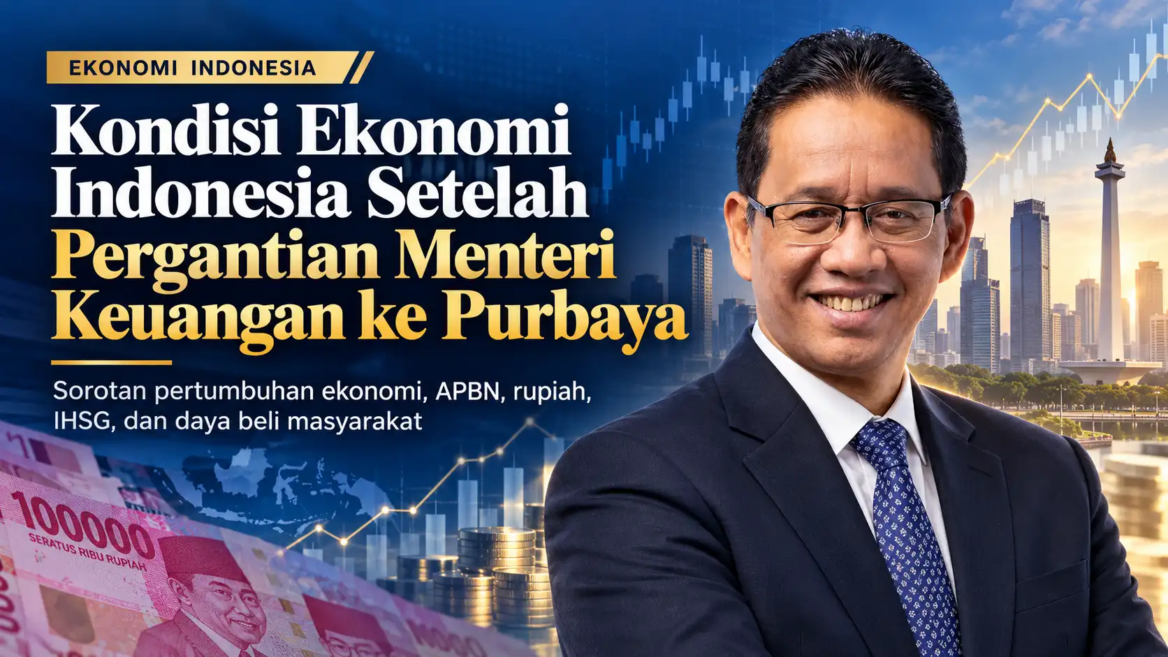 Kondisi ekonomi Indonesia setelah Sri Mulyani digantikan Purbaya Yudhi Sadewa sebagai Menteri Keuangan, membahas APBN, rupiah, IHSG, dan daya beli