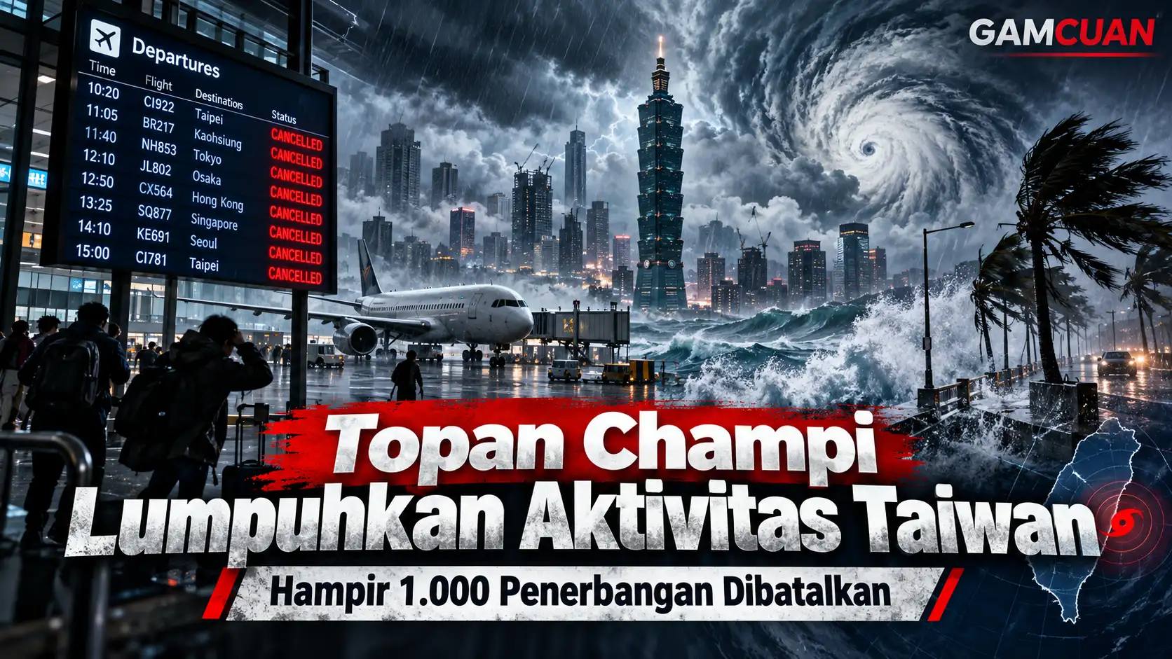 Gelombang besar dan hujan deras akibat Topan Champi di Taiwan pada 23 Oktober 2026.